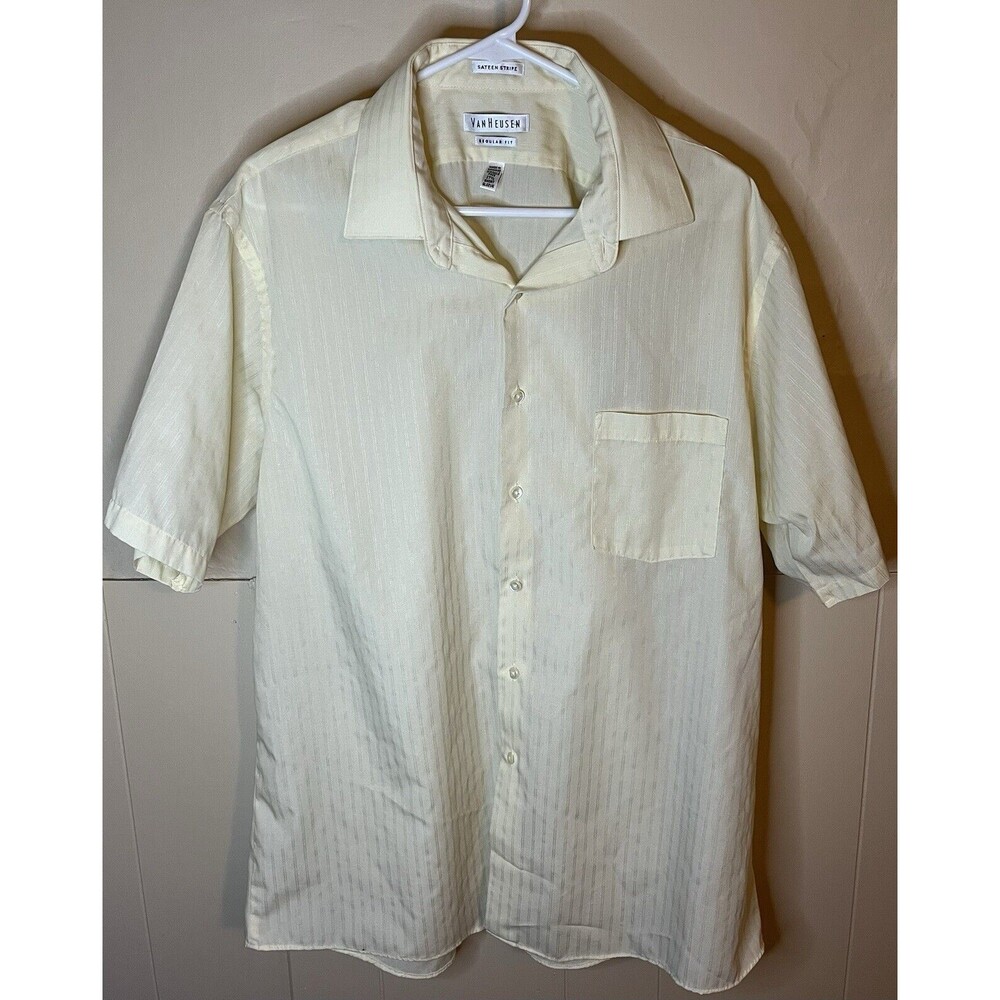 Van Heusen Men's XL 17.5 Yellow Sateen Stripe Regular Fit Button Down Shirt